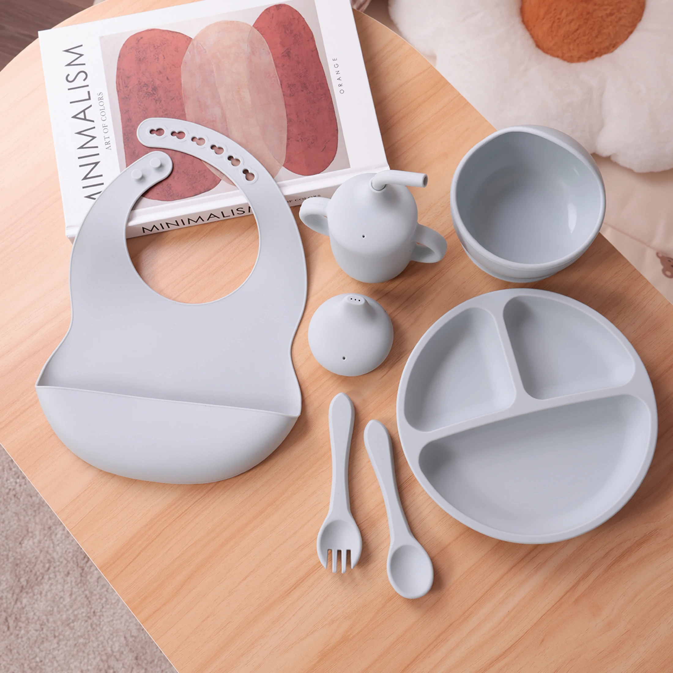 Juego de alimentación de silicona para niños, 6 uds., platos divididos, taza para sorber, cubiertos para comer, cuenco de succión fuerte, juego de vajilla sin BPA - imagen 5