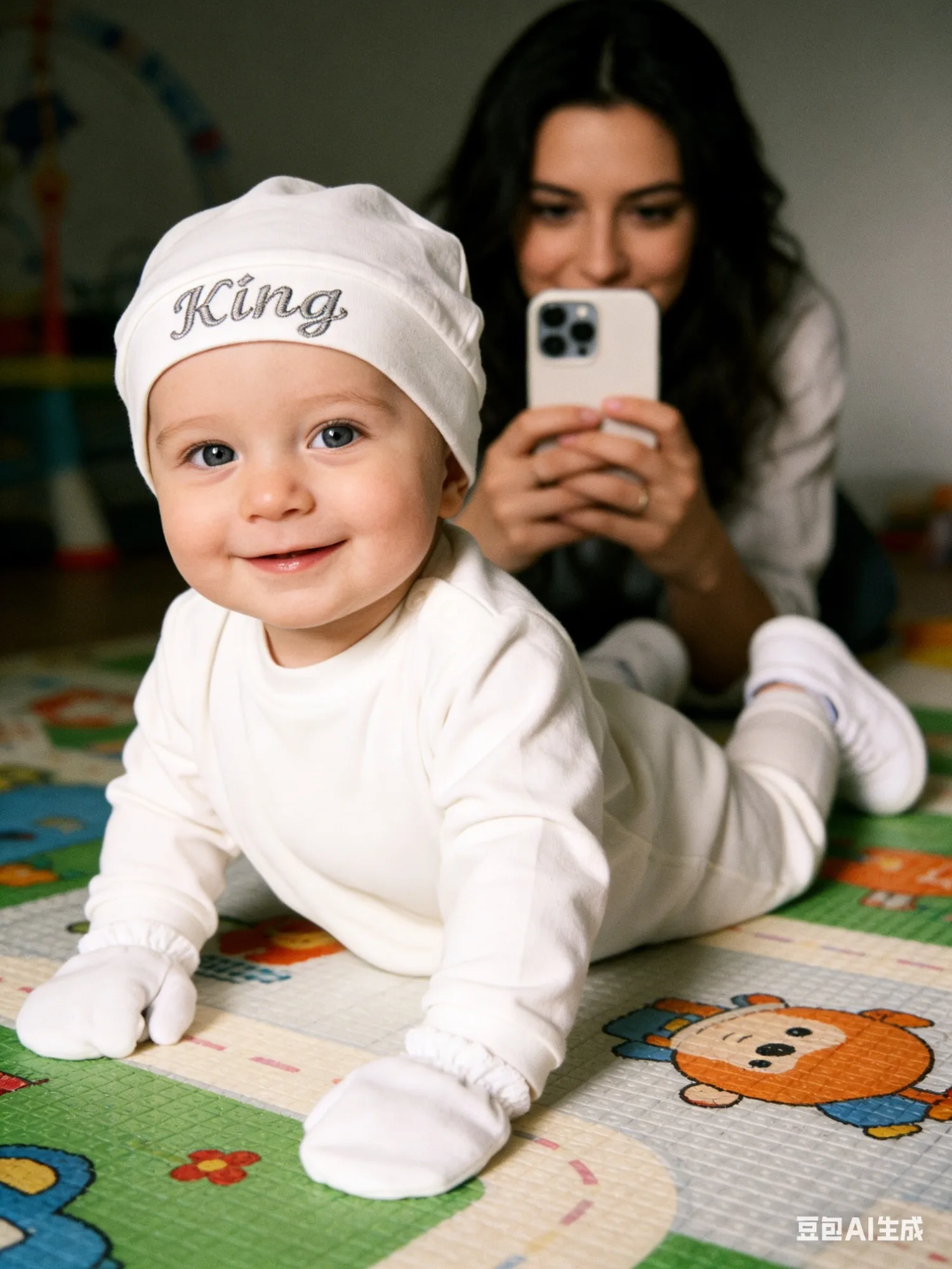 Set de regalo para recién nacido, mono color crema con bordado de corona y rey para la cerimonia de nombre - imagen 2