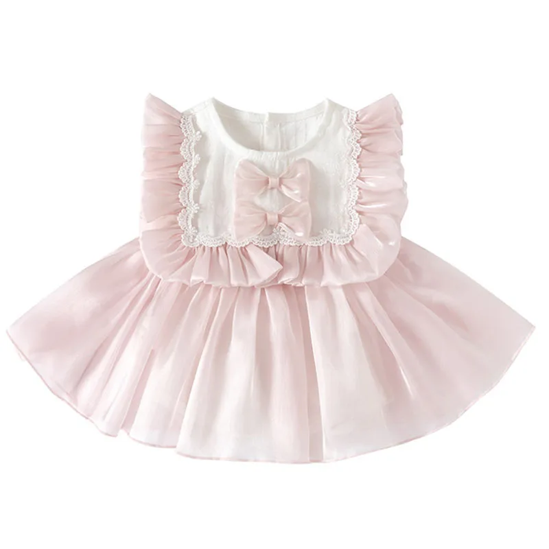 Vestido de verano sin mangas para bebé niña con lazo rosa