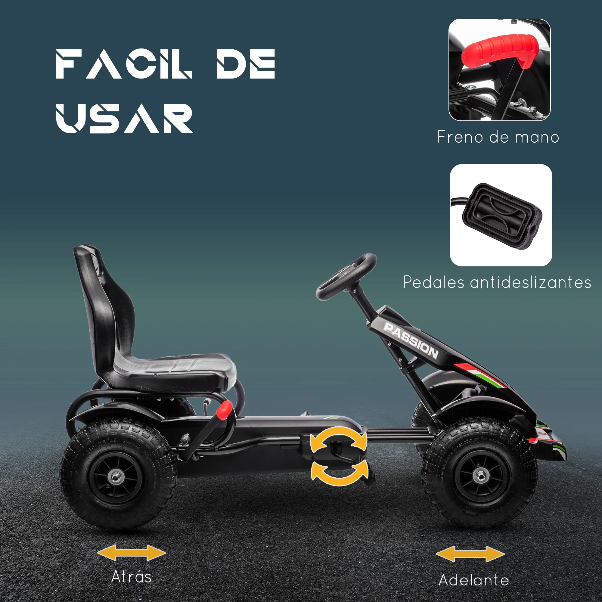 HOMCOM Go Kart a Pedales para Niños Coche de Pedales Infantil con Asiento Ajustable Neumáticos de Goma Freno de Mano para Niños y Niñas de 5-12 Años Carga 50 kg 121x58x61 cm Negro - imagen 5