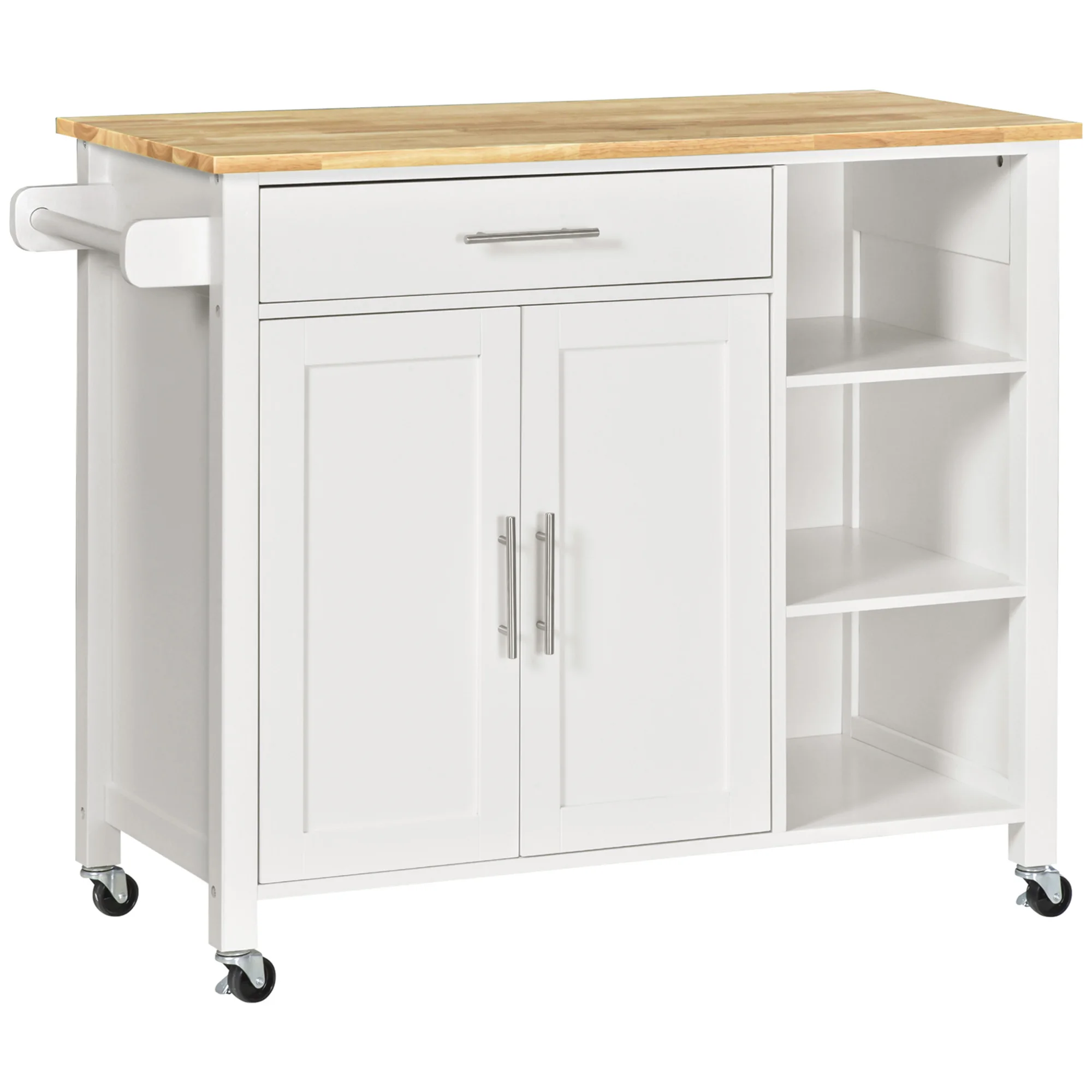 HOMCOM Isla de Cocina con Ruedas Mueble Auxiliar de Cocina con 1 Cajón 2 Puertas 3 Estantes Abiertos y Barra Lateral para Comedor 107,5x48x89 cm Blanco