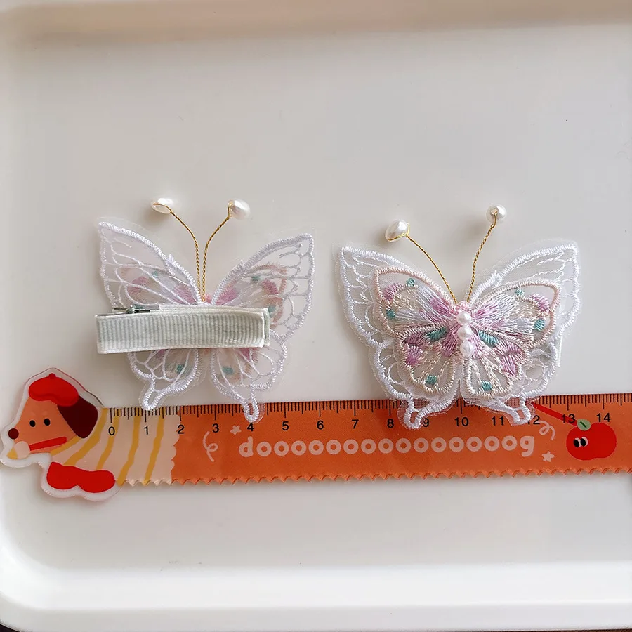 Horquilla antigua con bordado de malla para niños, accesorios para el cabello para niñas y niños, mariposa y perlas, 2 uds. - imagen 4