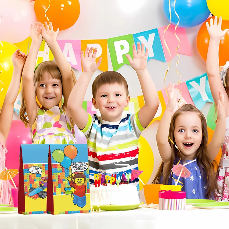 8 Uds. Bolsas de recuerdo de bloques de construcción, bolsas de papel para golosinas de dulces y ladrillos, bolsas de regalo para regalos para niños, suministros de decoración para fiesta de cumpleaños - imagen 4