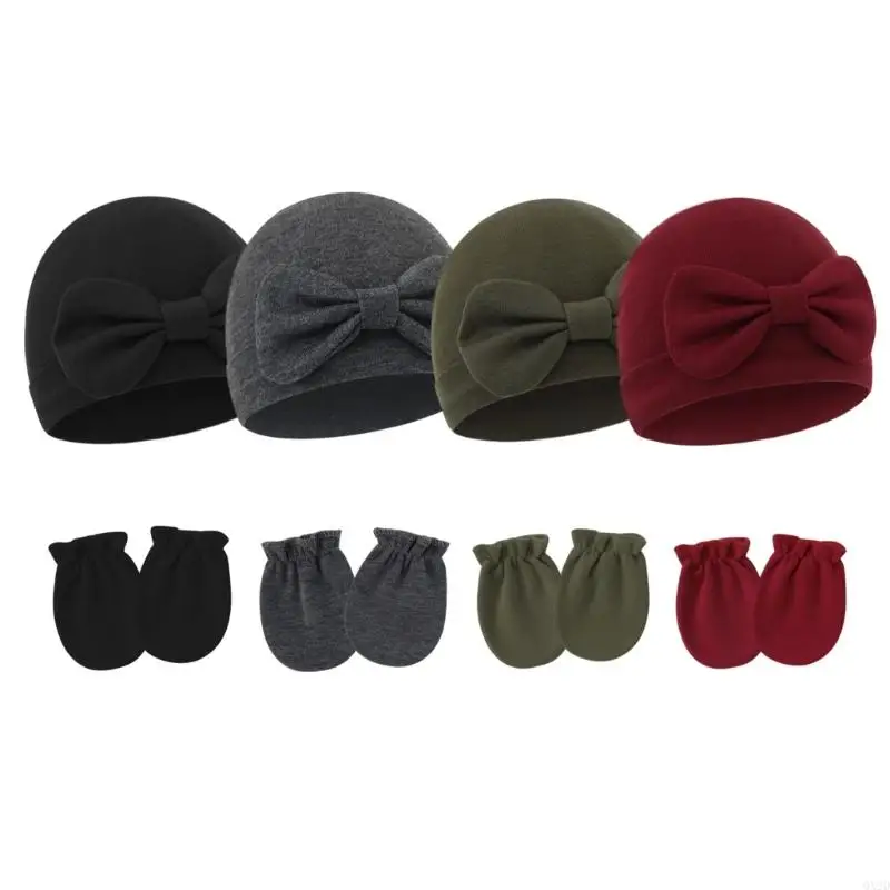Sombrero con lazo de primavera 2025 con guantes antiarañazos para bebés, gorros de hospital para bebés - imagen 3