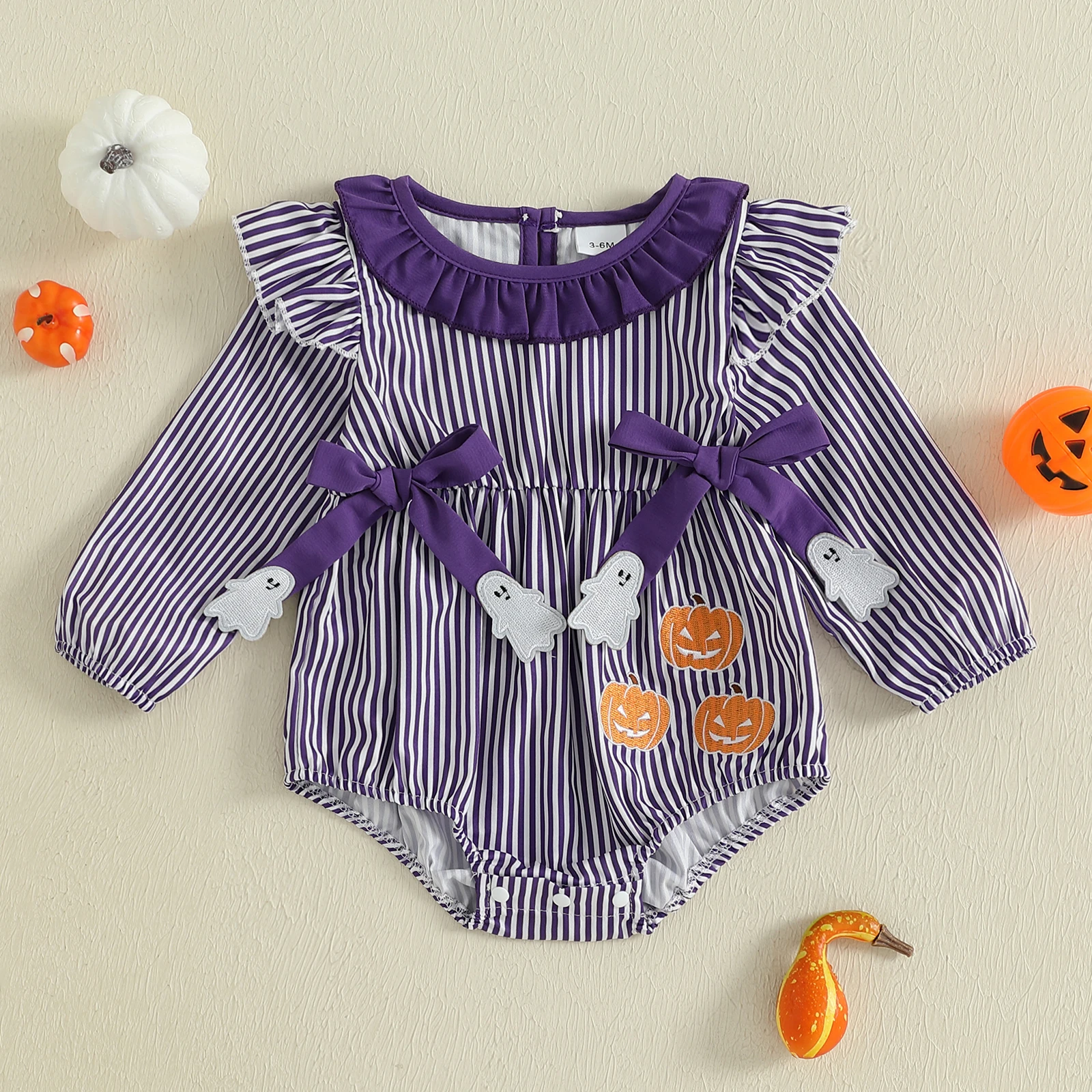 VISgogo-Body de Halloween para niña de 0 a 18 meses, pelele con estampado de rayas y lazo frontal de manga larga, mono de otoño para recién nacido