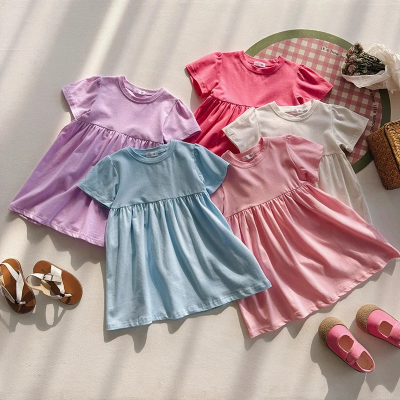 Vestido verano manga corta niñas – Casual suelto liso estilo princesa - imagen 2
