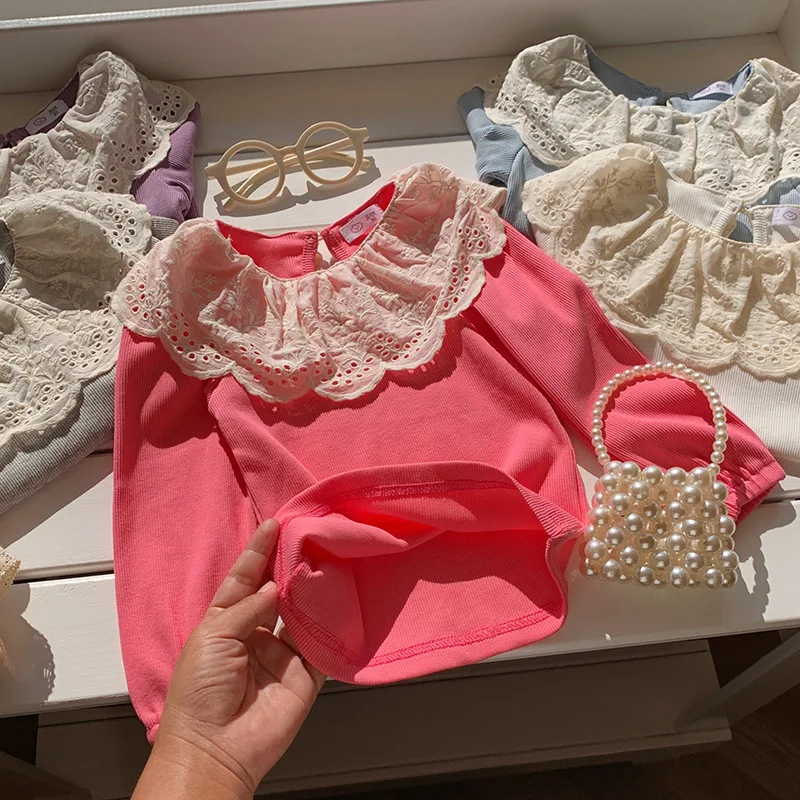 Camisetas Blusa de encaje para niñas Cuello con volantes Top de manga larga Capa base estilo princesa para bebés Ropa para niños - imagen 2