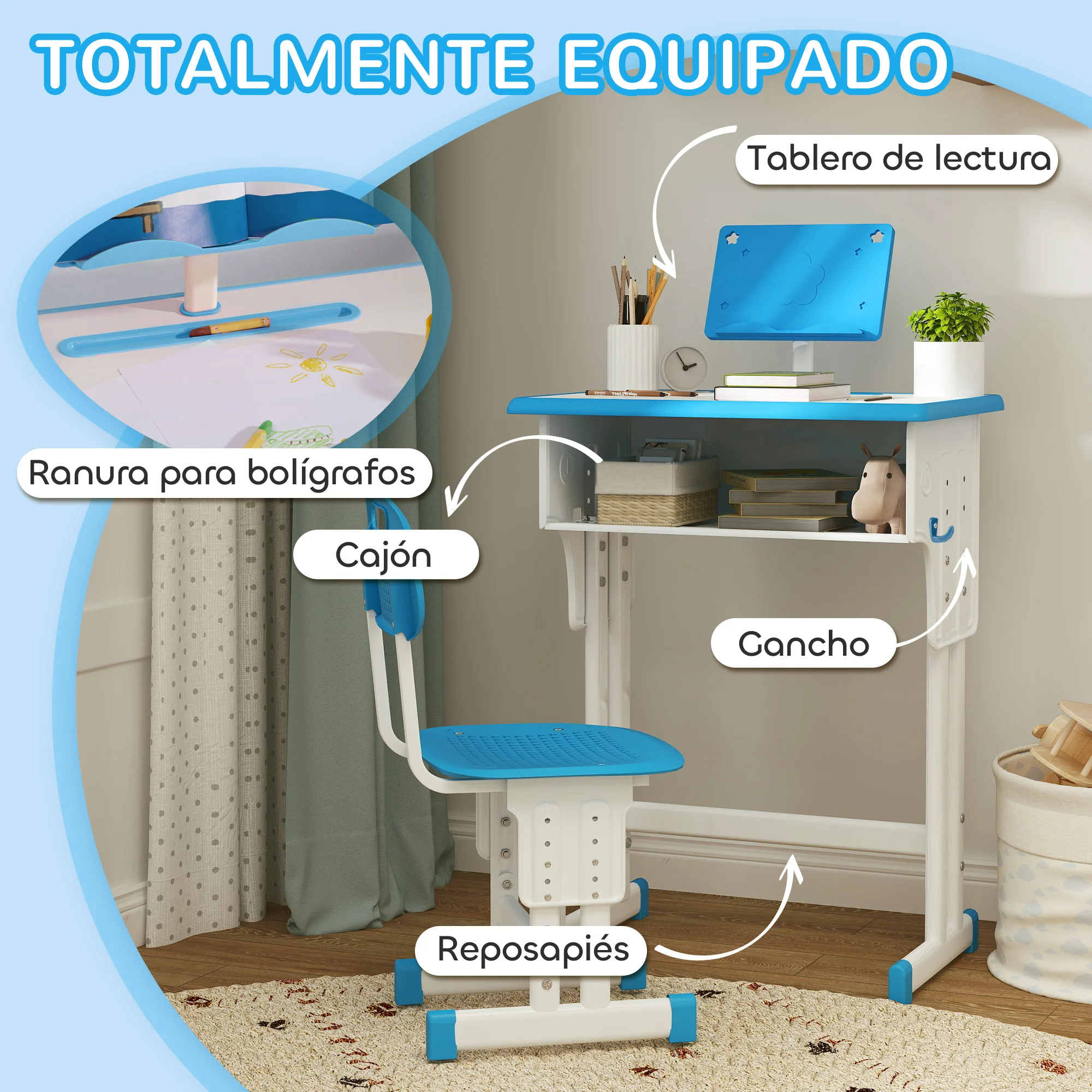 HOMCOM Juego de Escritorio y Silla para Niños de 6-12 Años Pupitre Infantil Altura Ajustable con 1 Cajón 1 Ranura para Lápiz y 1 Estante para Libros Acero 60x45x90-102 cm Azul - imagen 5