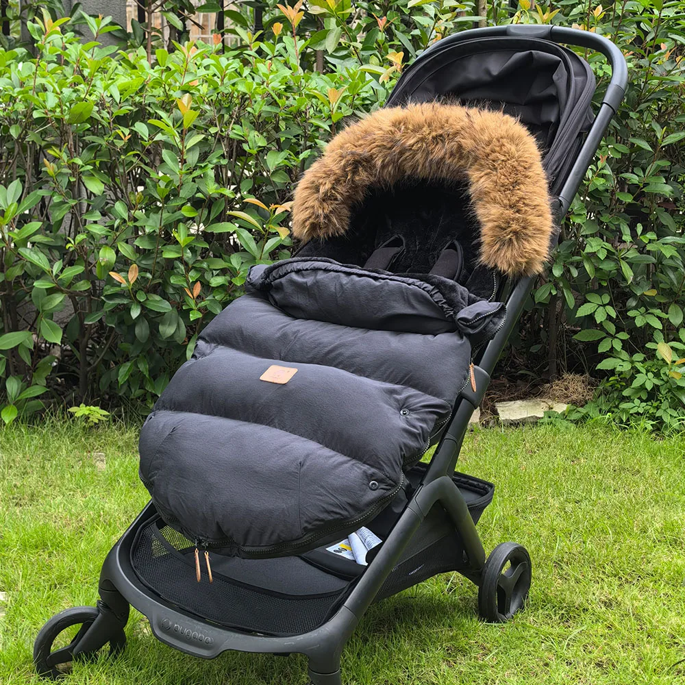 Saco para pies de bebé en cochecito, calcetines cálidos de invierno para 0-24 meses, cuello de piel extraíble, accesorio de cochecito de bebé negro, accesorio de fotografía - imagen 3