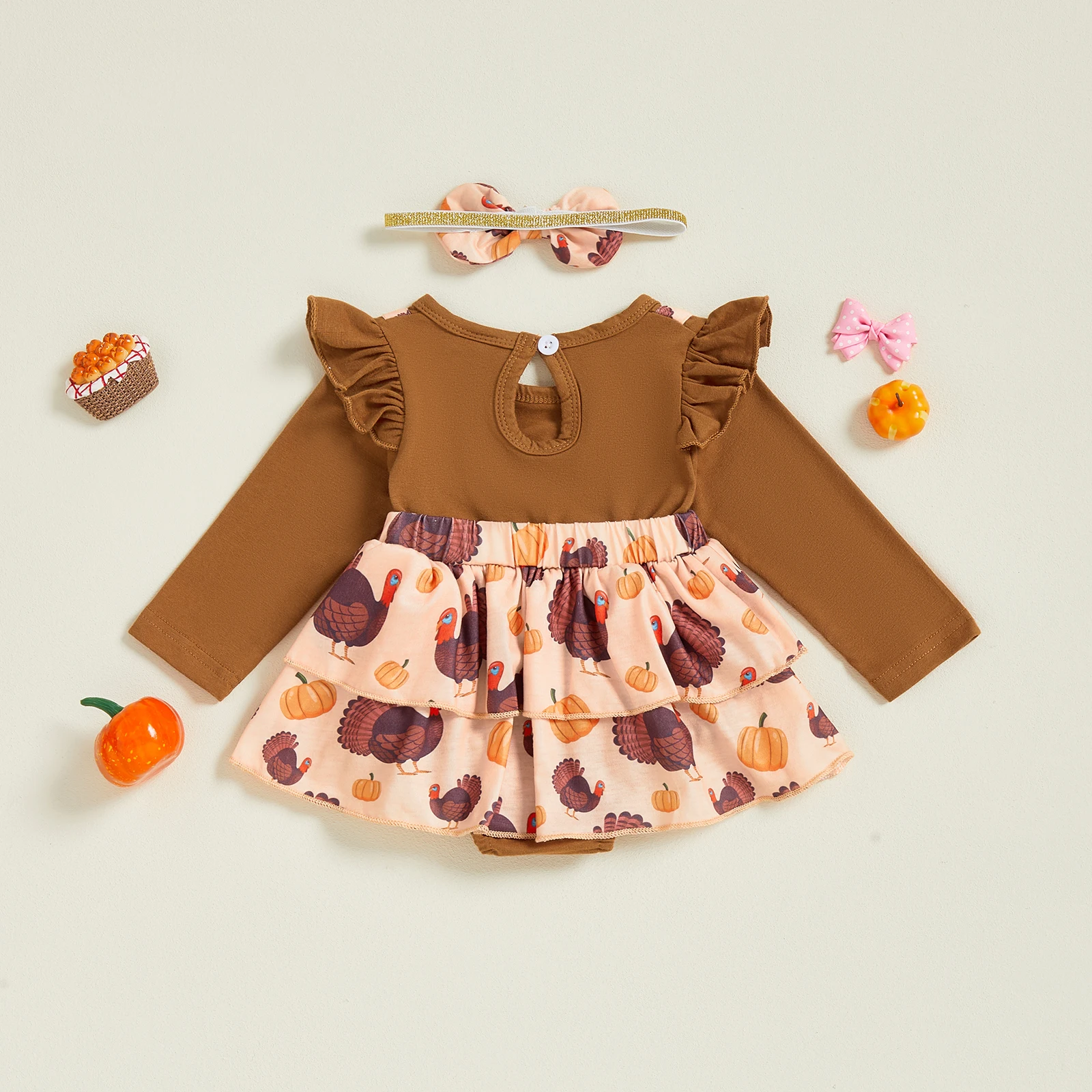 Traje de Acción de Gracias para niña de 0 a 18 meses, vestido mameluco de manga larga con volantes de pavo y diadema con lazo, conjunto de 2 piezas para otoño - imagen 2