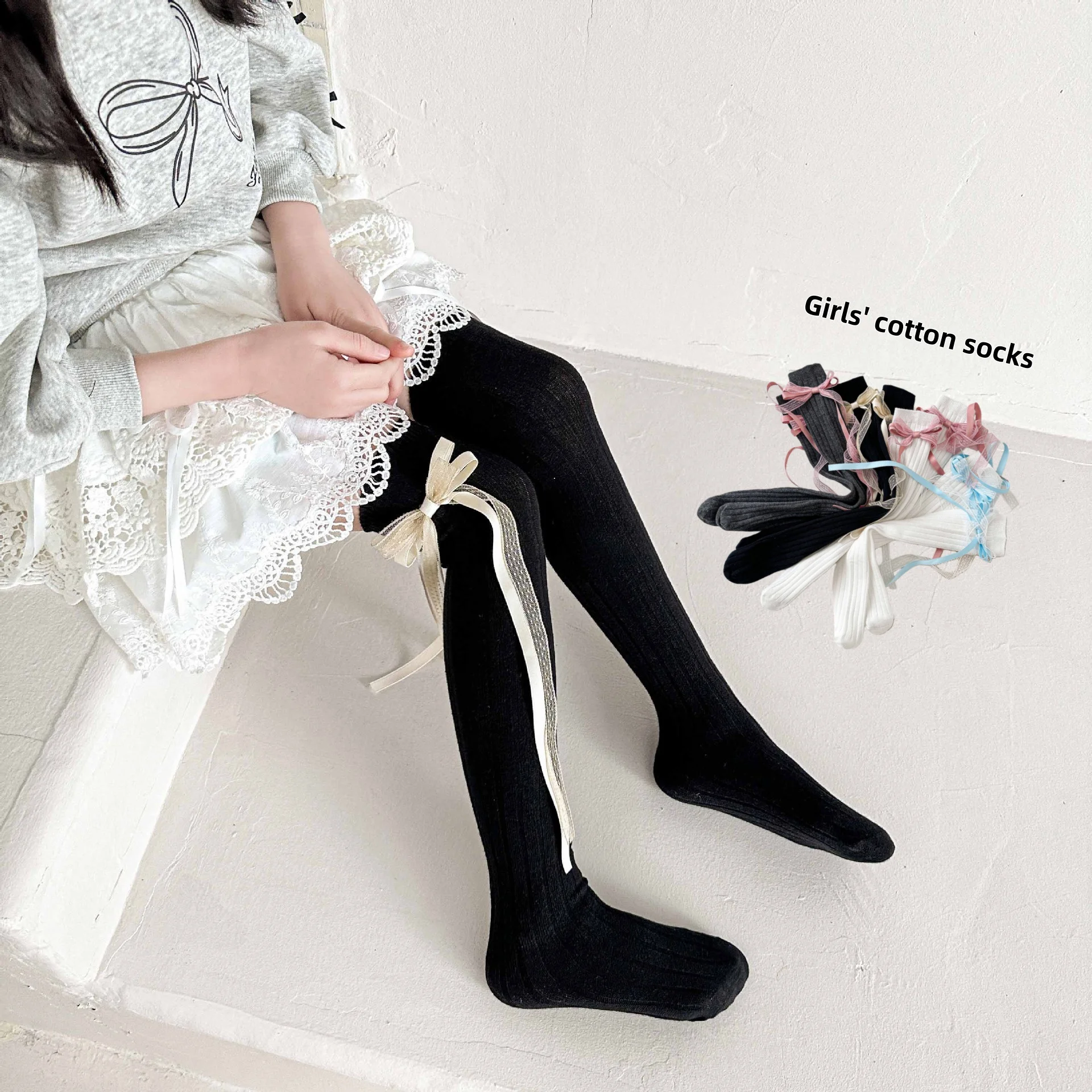 2026 calcetines de primavera para niñas, calcetines dulces de longitud media para niñas, calcetines largos con lazo estilo Corán, calcetines con borlas para niños - imagen 2
