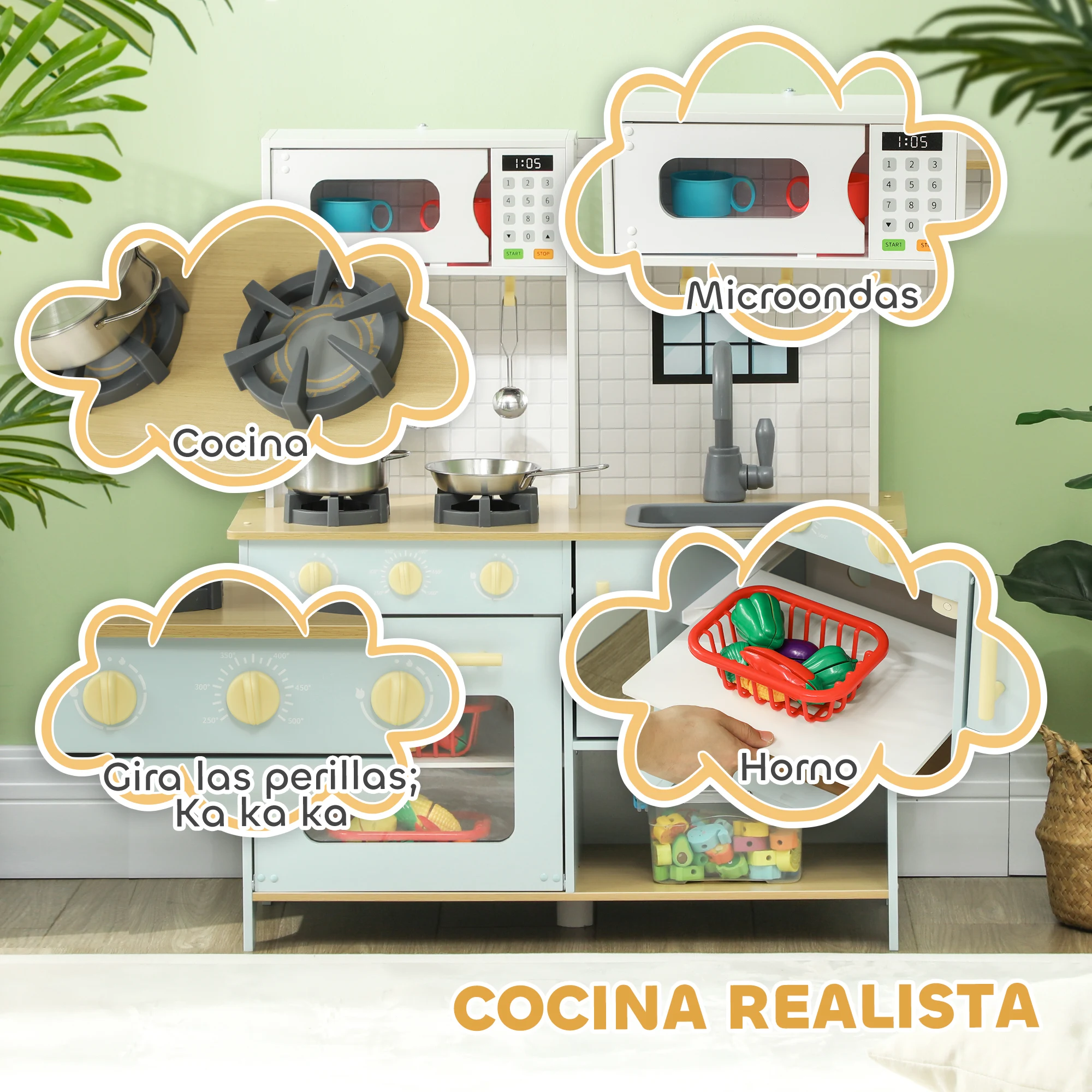 AIYAPLAY Cocina de Juguete para Niños +3 Años Cocina de Madera Infantil Cocinita Infantil con Sonido Fogón Horno Grifo Fregadero Microondas y Accesorios de Cocina Azul - imagen 4