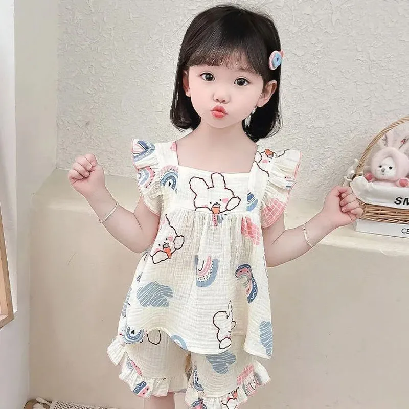 Conjunto de pijama con estampado de dibujos animados para niña, pijamas finos con tirantes, pantalones cortos, ropa para el hogar para niño, conjunto de dos piezas - imagen 5