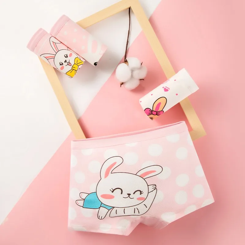 Ropa interior de algodón para niños de 4 piezas, calzoncillos Boxer suaves para niñas, bragas transpirables con patrón de dibujos animados de conejo bonito para niña - imagen 3