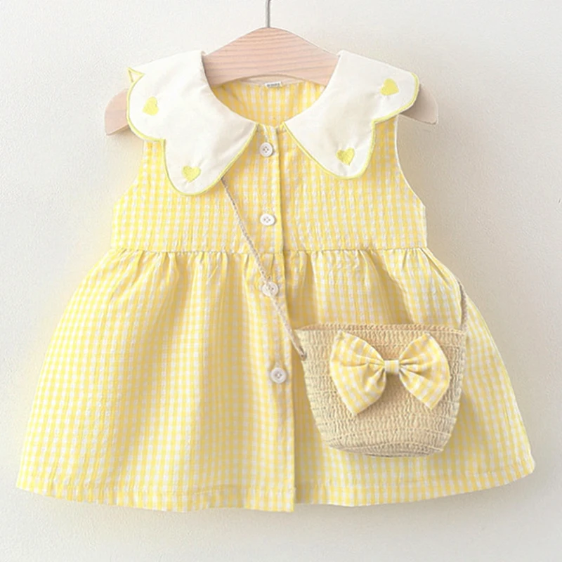 Vestido de princesa de algodón a cuadros para niñas, traje coreano con cuello de muñeca, bolsa de lazo, ropa de bebé, BC138, 2 piezas, novedad de verano
