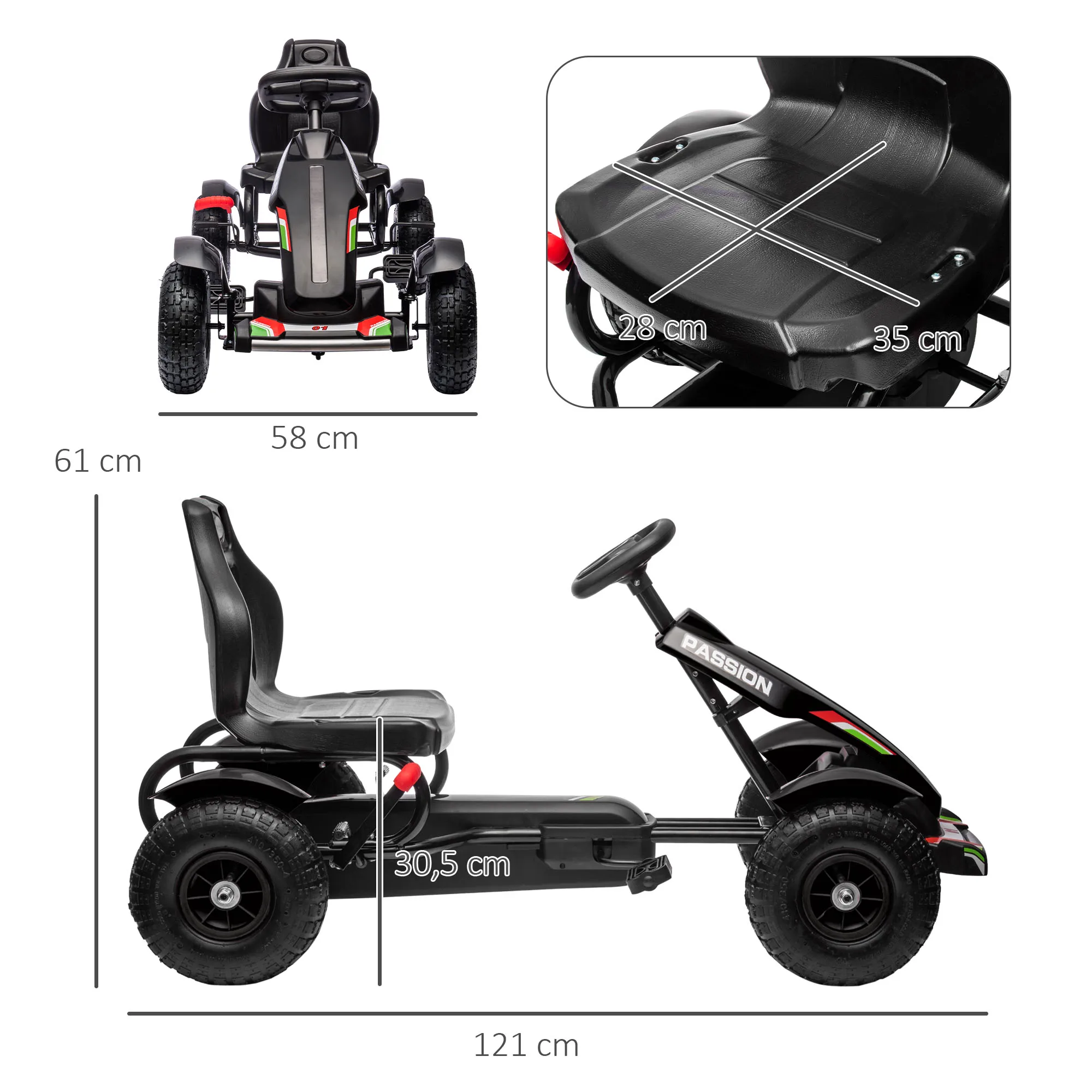 HOMCOM Go Kart a Pedales para Niños Coche de Pedales Infantil con Asiento Ajustable Neumáticos de Goma Freno de Mano para Niños y Niñas de 5-12 Años Carga 50 kg 121x58x61 cm Negro - imagen 3