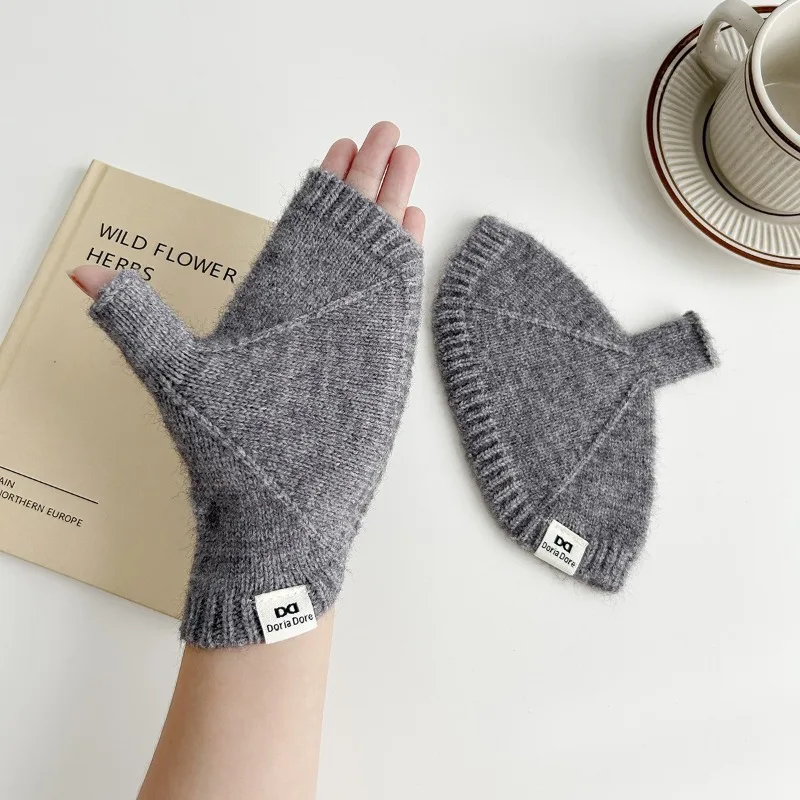 Guantes de lana tejidos con medio dedo: color liso, versátiles, gruesos y cálidos para otoño-invierno. Compatible con pantalla táctil, calentadores de muñeca. - imagen 3