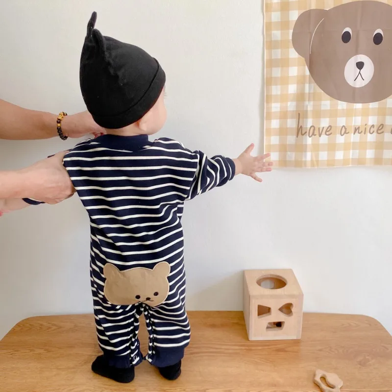 Pelele a rayas para bebé, mono informal de manga larga para primavera y otoño, mono de osito de estilo coreano para recién nacidos, ropa para niños y niñas - imagen 3