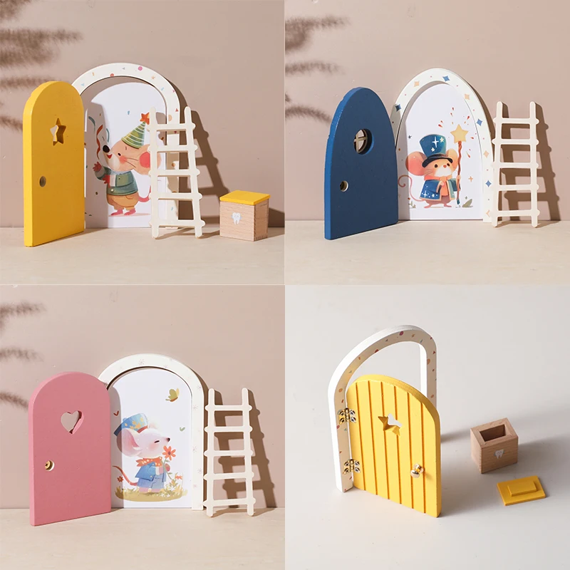 Puerta de elfo de dibujos animados, decoración de habitación, casa de muñecas, Mini decoraciones para el hogar, puerta de elfo de Hada de madera, decoración de estilo de hadas, adornos artesanales