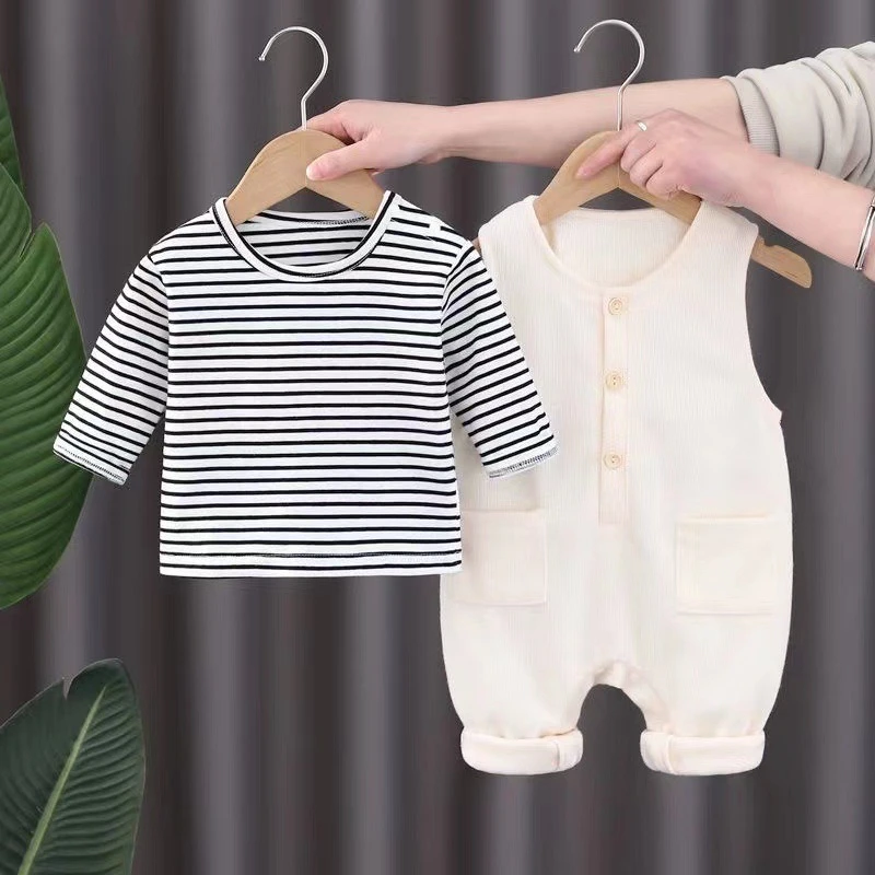 Conjunto unisex de primavera y otoño para recién nacido, sudadera con capucha de manga larga a rayas y pantalones con tirantes con bolsillos, traje informal para Halloween al aire libre - imagen 3