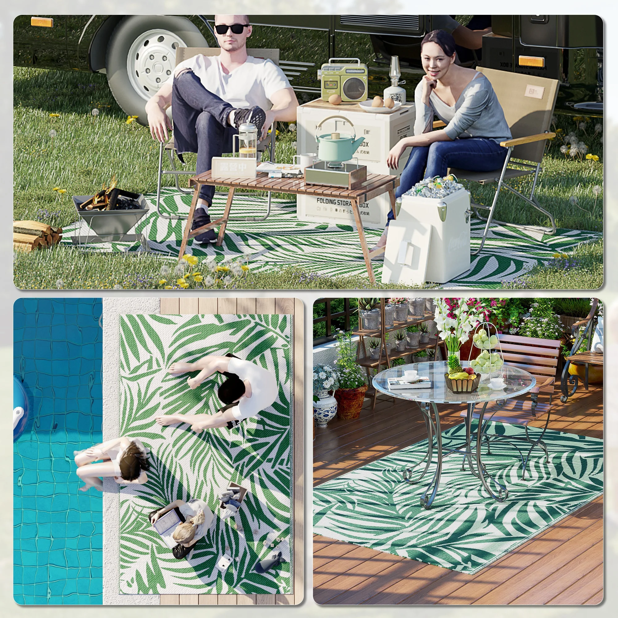 Outsunny Alfombra de Exterior 152x243 cm Alfombra Reversible con Patrón de Hojas para Terraza Balcón Patio Camping Playa Verde Oscuro y Blanco - imagen 5