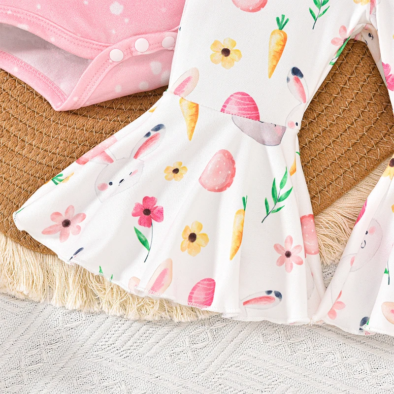 Suefunskry-Conjunto de 3 uds de Pascua para niña, pelele con estampado de letras de conejito de manga corta, pantalones acampanados con estampado de huevos, diadema con lazo, conjunto encantador - imagen 5