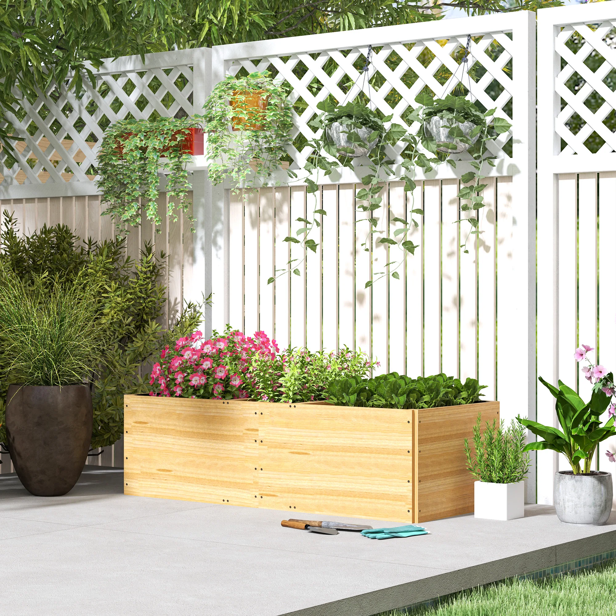 Outsunny Jardinera de Madera Jardinera Exterior Grande con 3 Zonas de Cultivo y Forro Jardinera Rectangular para Jardín Balcón Terraza 140x60x40 cm Natural