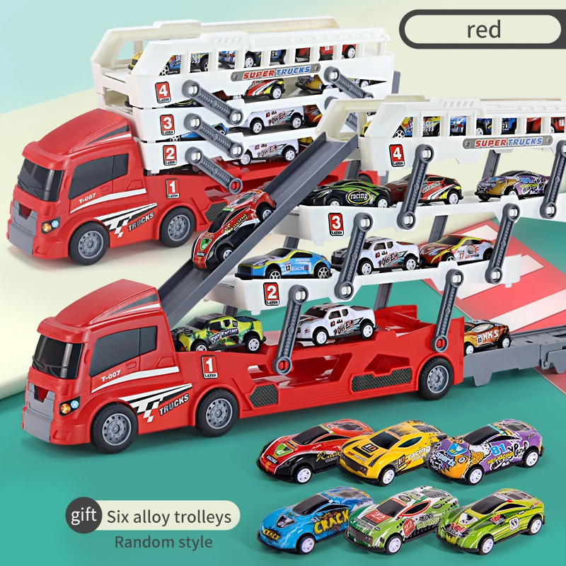 red truck  six cars