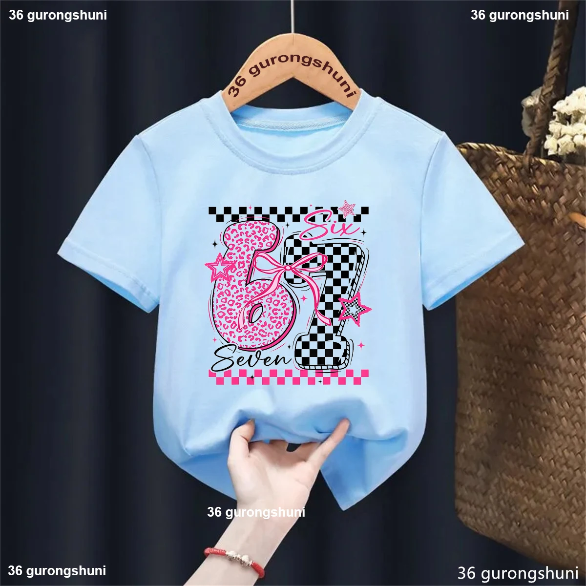 Camiseta con estampado de lazo y estrella de leopardo 67 Meme, ropa Kawaii para niñas, camiseta de manga corta de verano, camiseta informal lisa, ropa de calle - imagen 3