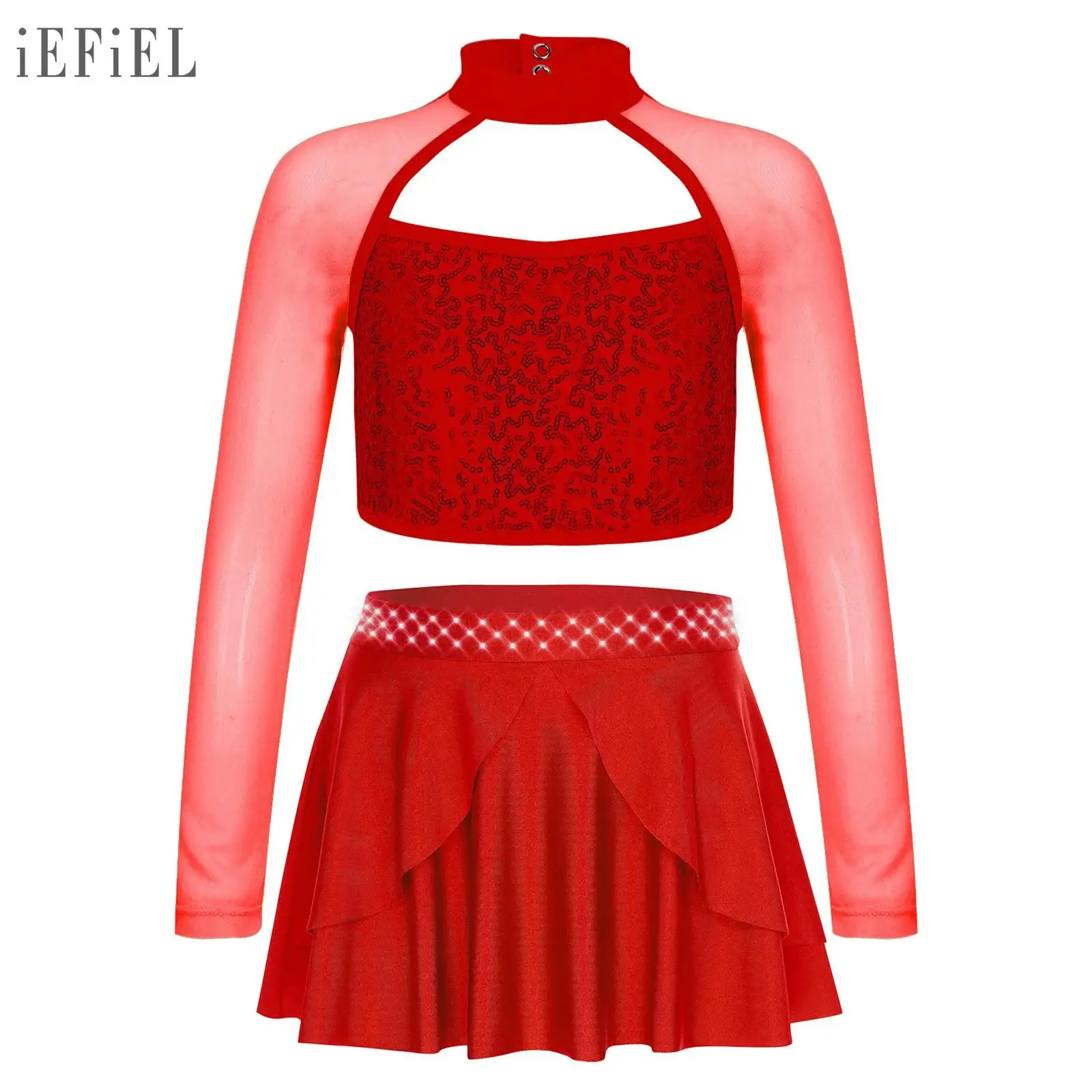 Conjuntos de baile de Ballet para niñas, traje de bailarina de baile de Jazz latino, Top corto de lentejuelas de manga larga, falda con dobladillo Irregular y diamantes de imitación