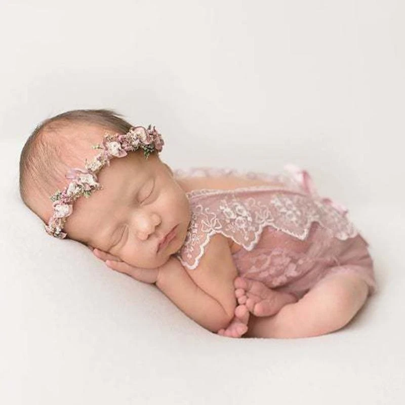 M76C Baby Lace Compper Diadema Conjunto fotografía Recién nacida Bodysuit Flower Band - imagen 2