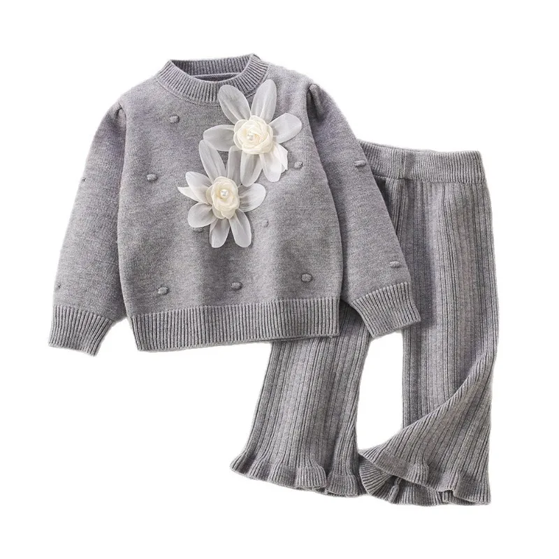 Nuevo conjunto de punto de estilo coreano a la moda de invierno para niñas, jersey de flores sólidas para niños de dos piezas, traje cálido y agradable para la piel para niños - imagen 5