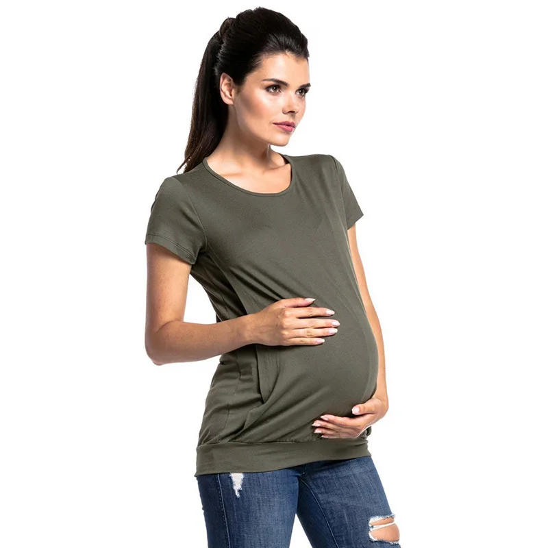 Camisetas de manga corta de Color puro para mujer, ropa de lactancia, ropa de maternidad, blusa para mujeres embarazadas, Tops de lactancia - imagen 4