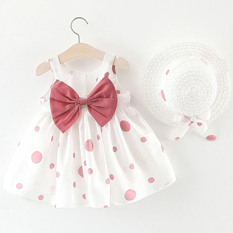 Ropa de verano para niñas recién nacidas, 2 piezas, moda coreana, vestidos de algodón sin mangas con puntos bonitos para bebés + sombrero para el sol, vestido de princesa para niños pequeños B204 - imagen 3