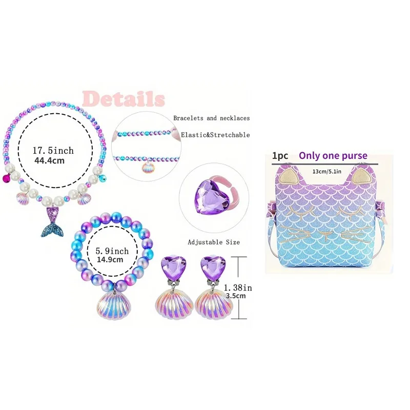 Conjunto de joyas para niñas, juego de joyas, monedero, pulsera, collar, pendientes, vestido, juego de simulación, regalos para niños pequeños, bolso cruzado de cumpleaños de princesa - imagen 2
