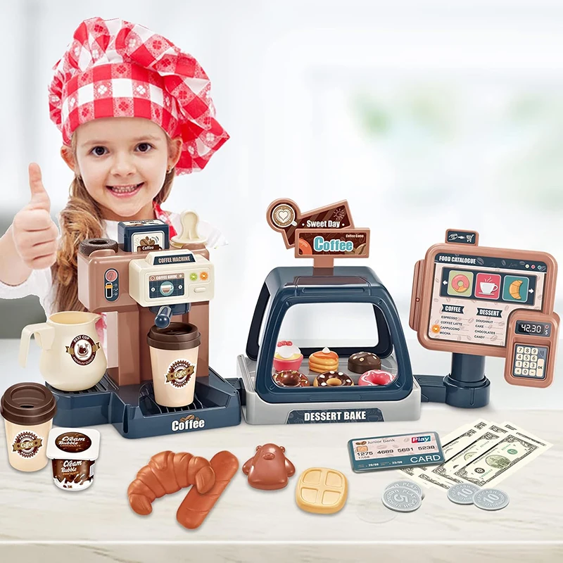Máquina de café para niños, juego de juguetes, cocina, comida de imitación, pan, pastel de café, casa de juego de imitación, caja registradora de compras, regalo de Navidad