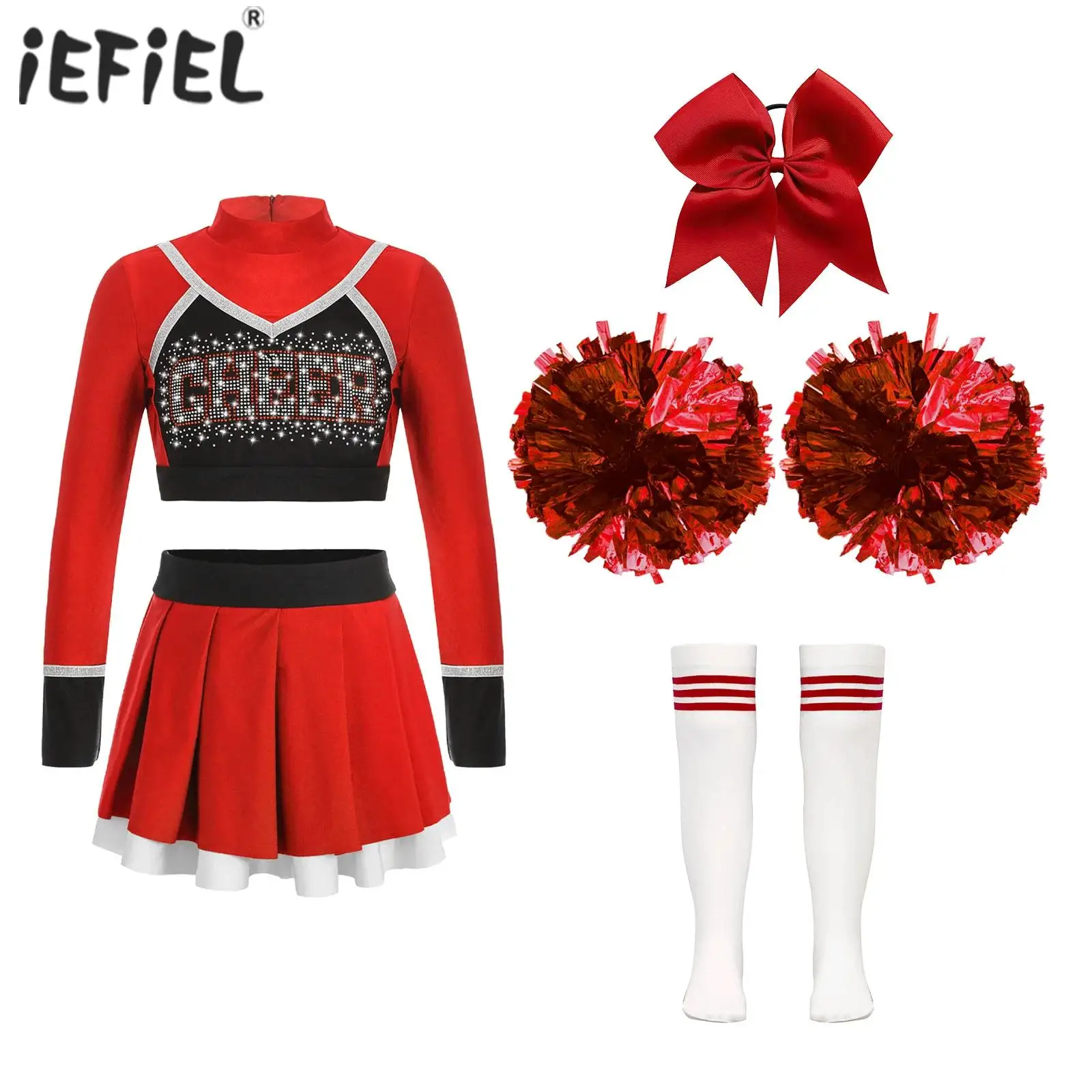 Traje de baile de porristas, Top corto de manga larga con estampado de letras de diamantes de imitación brillantes, Patchwork de Color de contraste, plisado de dos capas - imagen 2