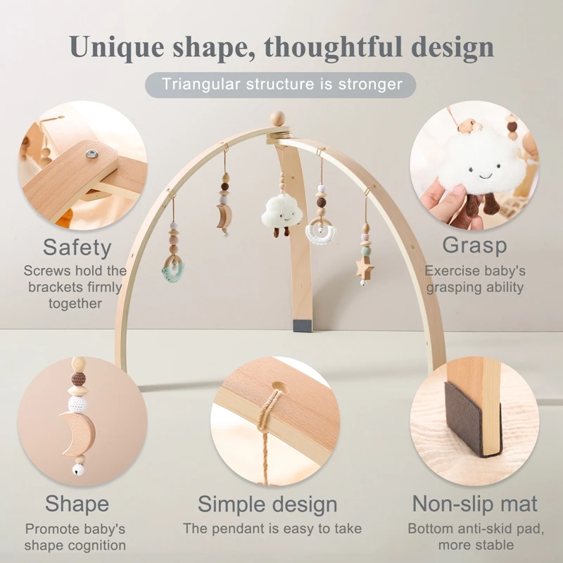 Juguetes sensoriales colgantes móviles de madera para bebé, decoraciones triangulares para habitación de bebé, gimnasio de actividades, soporte de suspensión, sonajeros de juguete - imagen 3
