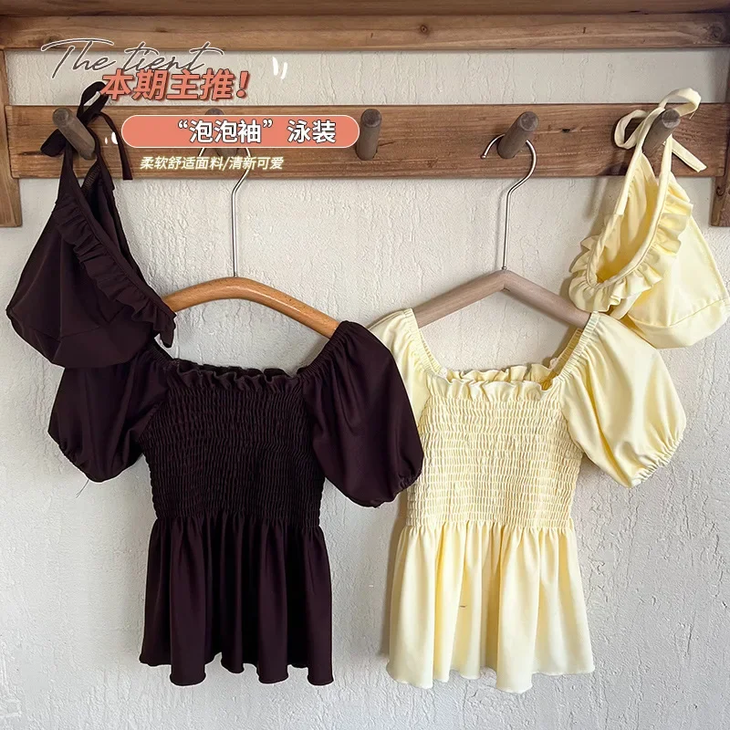 Conjunto de traje de baño sencillo y bonito de moda coreana para niños y niñas, traje de baño de Color café Beige para bebés, ropa de playa para jugar al verano, 3 uds. - imagen 4