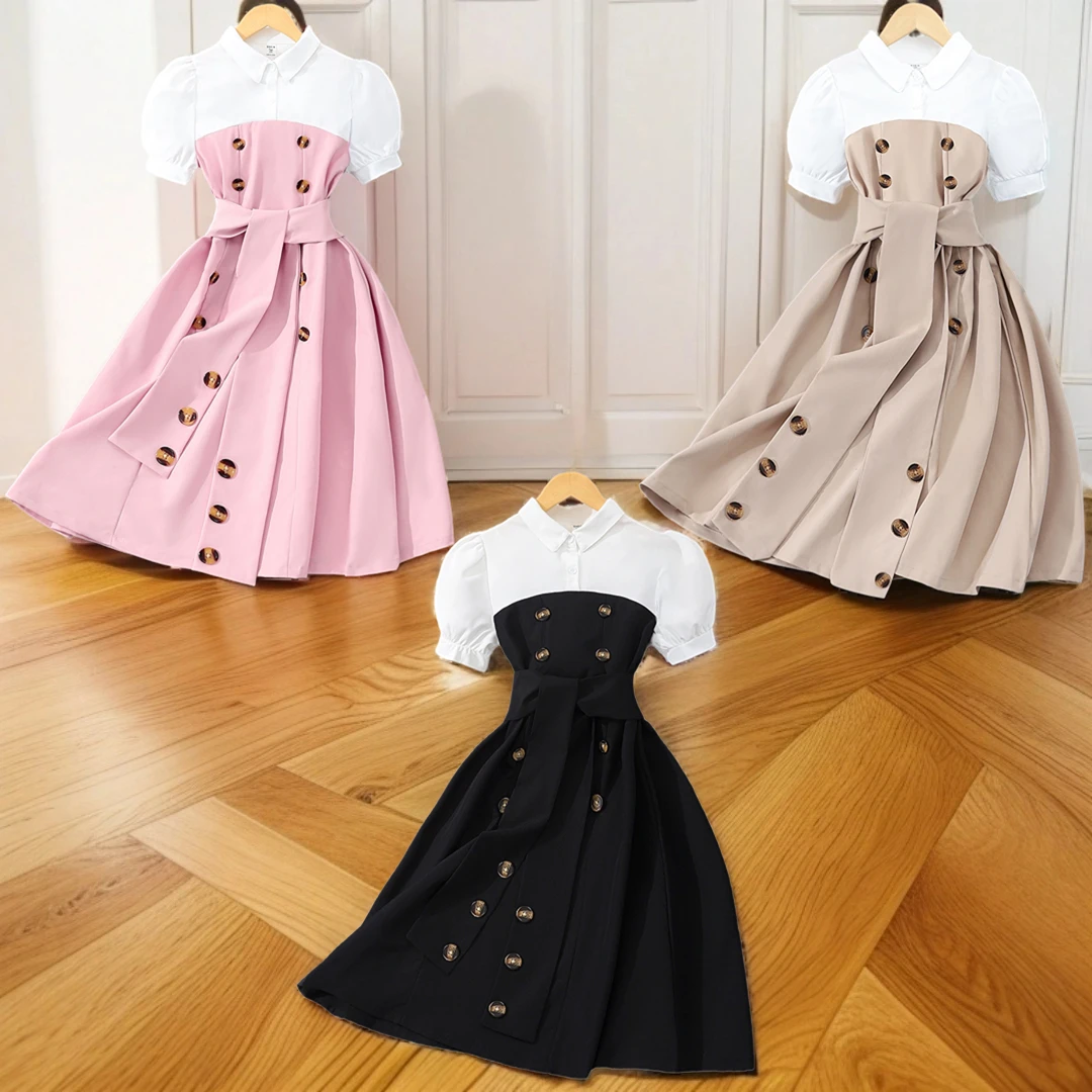 Vestido de manga corta para niños y niñas, ropa de verano, montaje de colores contrastantes, moda informal, 13 a 16 años