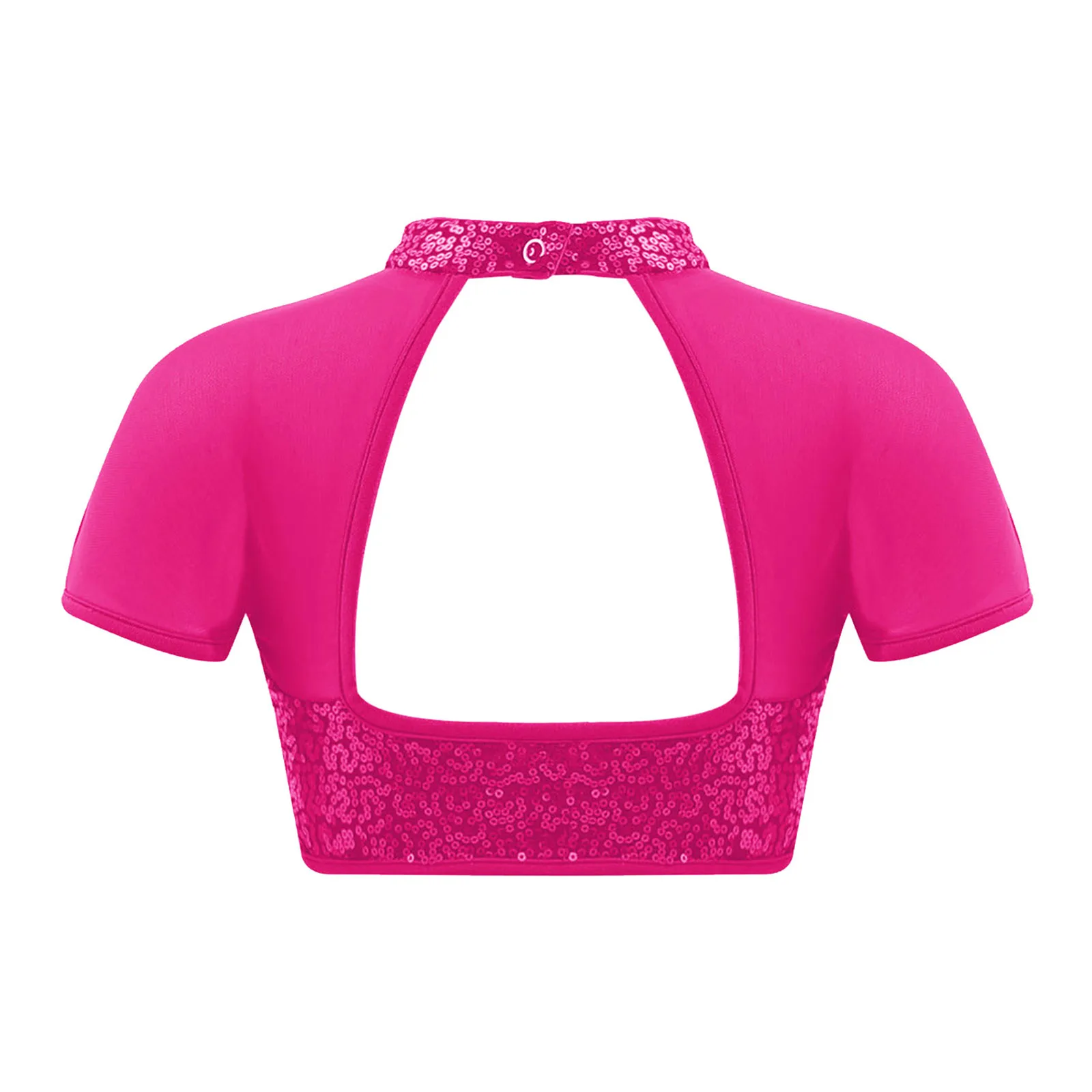 Top corto para niñas, Top de entrenamiento de gimnasia con escote simulado adornado con lentejuelas brillantes, malla de manga corta con recortes en la espalda, Ropa de baile - imagen 3