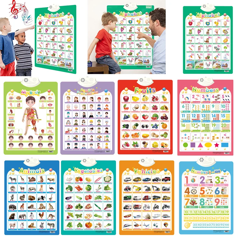 9 unids/set inglés parlante cartel alfabeto números frutas animales tabla de pared interactiva electrónica para niños juguete educativo para edades tempranas