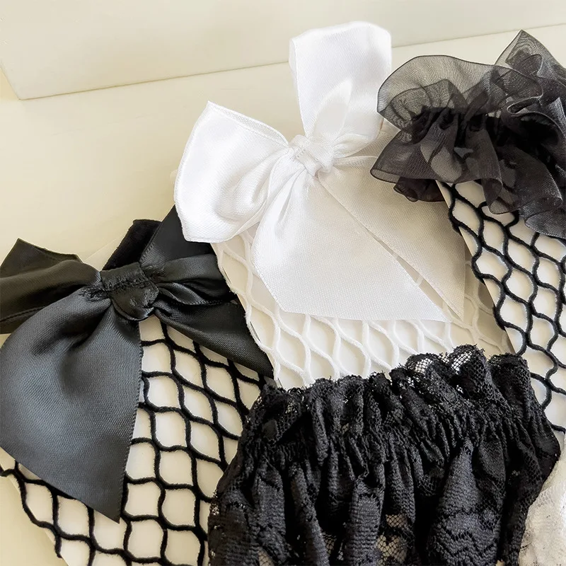 Calcetines hasta la rodilla con volantes y lazo de encaje para niña, medias transpirables de rejilla fina, 1 par - imagen 4