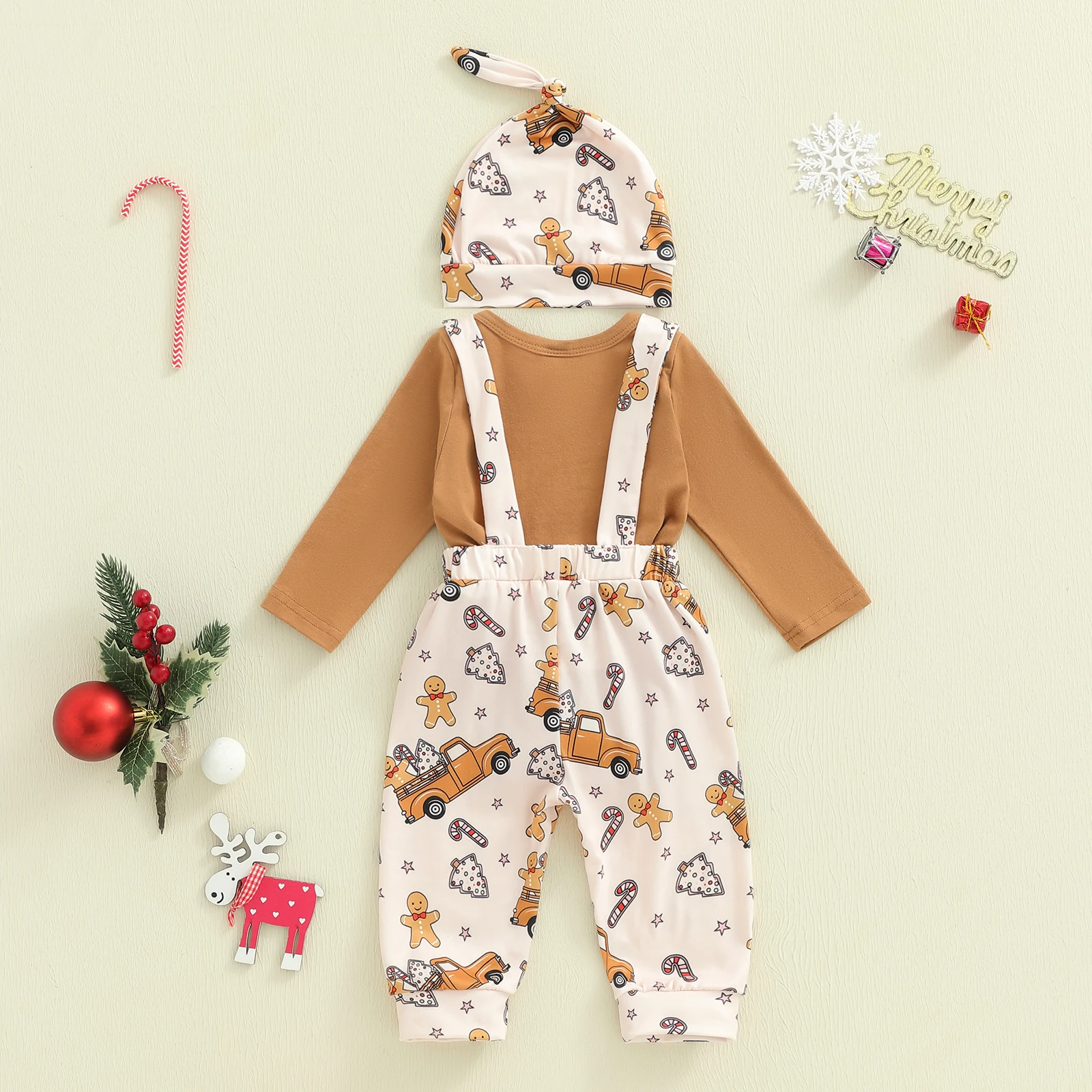 Conjuntos de 3 piezas para bebés de 0 a 18 meses, mameluco de manga larga con cuello redondo, pantalones con estampado de Papá Noel/pan de jengibre, sombrero - imagen 2