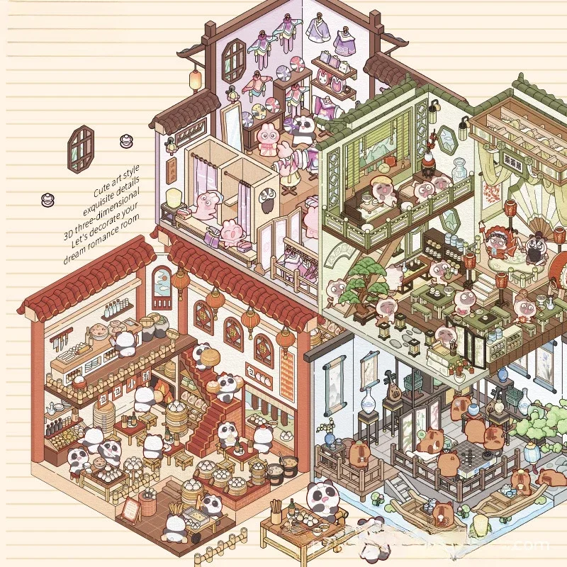 Pegatinas 3D paisajismo estilo chino escena de cabina dibujos animados - imagen 3