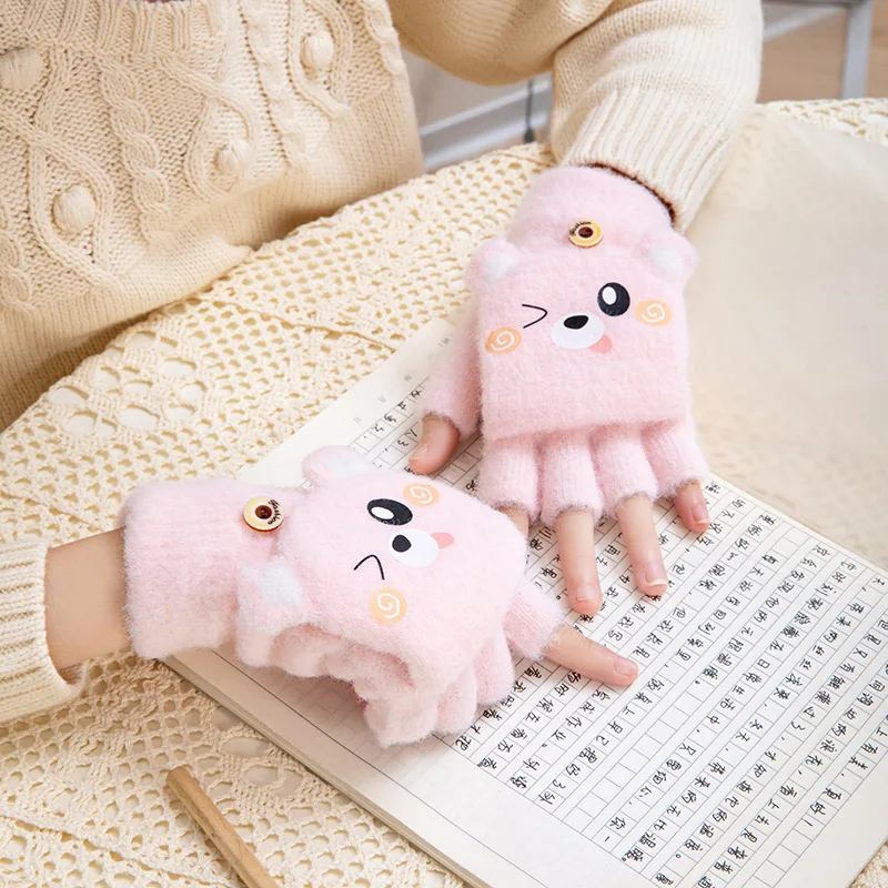 Manoplas convertibles con tapa abatible para niños, guantes cálidos de invierno con bonitos dibujos, sin dedos, cubierta completa para los dedos, guantes con estampado Animal para niños pequeños - imagen 3