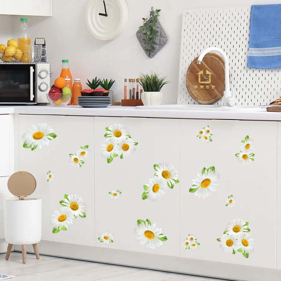 Pegatinas de pared autoadhesivas de margaritas para armarios de cocina, puertas de refrigerador, pegatinas de pared decorativas impermeables y a prueba de humedad
