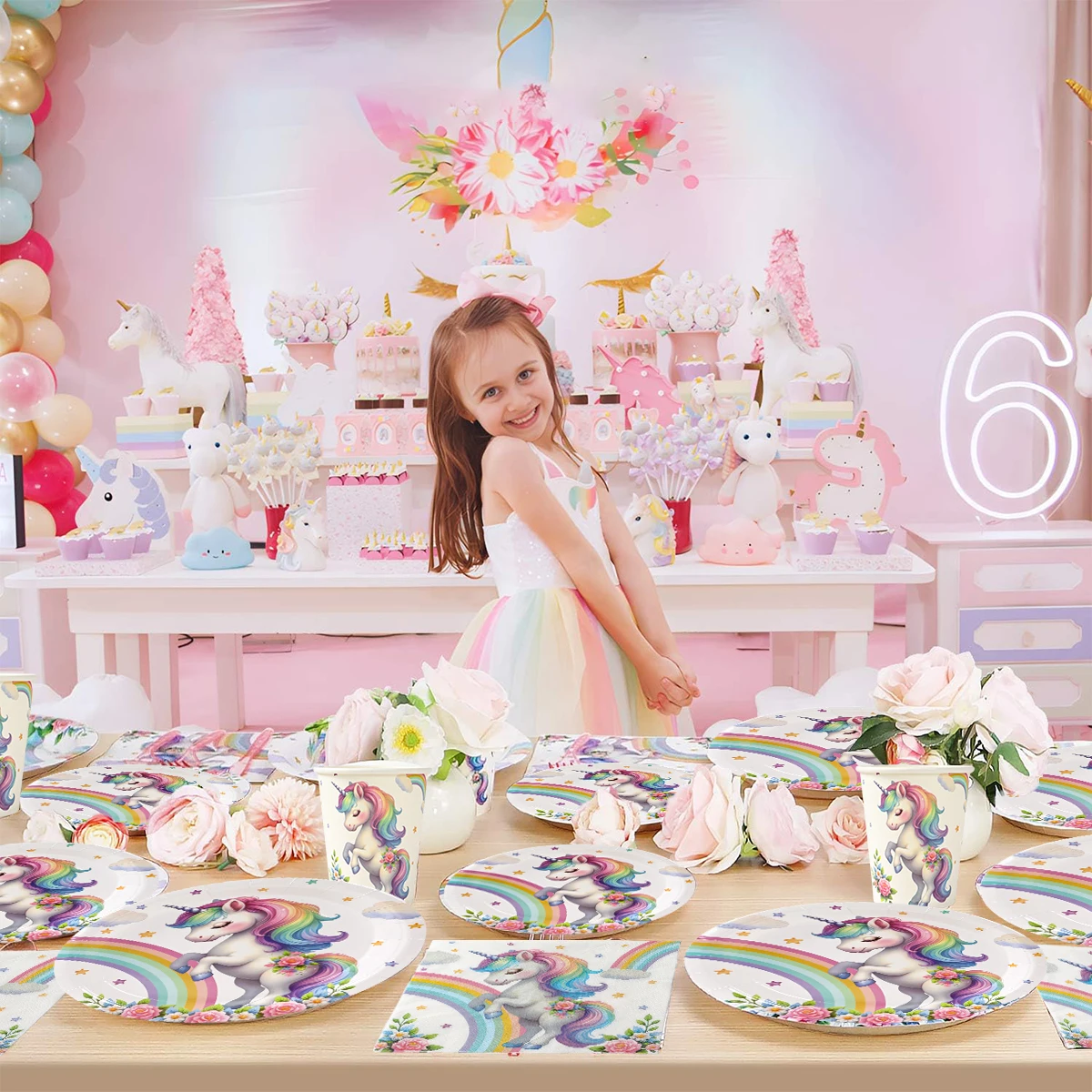 Vajilla desechable de unicornio de arcoíris, decoración de fiesta de primer cumpleaños para niños y niñas, juego de vajillas unicornio, suministros para fiesta de bienvenida para bebés - imagen 5