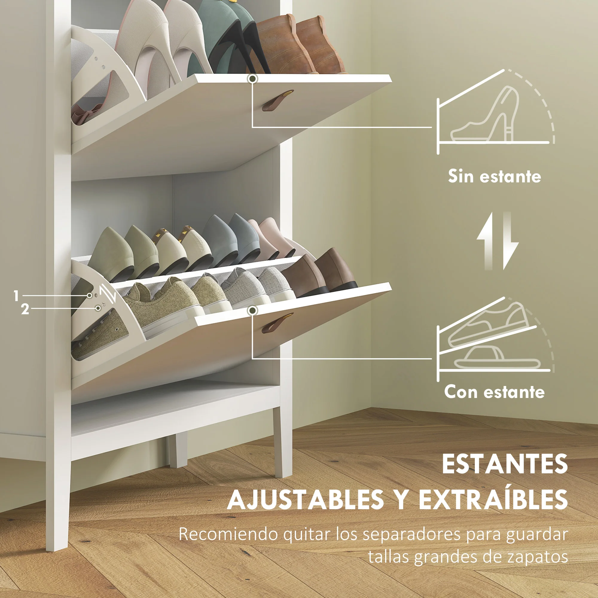 HOMCOM Mueble Zapatero Estrecho Zapatero Entrada Recibidor con 3 Cajones Abatibles Estantes Ajustables y Tiradores de PU para 21 Pares de Zapatos para Pasillo 80x24x131 cm Blanco - imagen 5