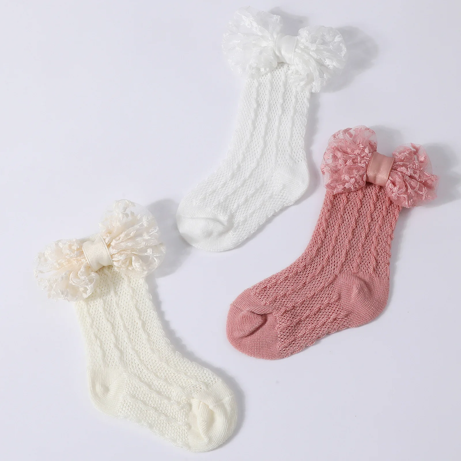 1 Juego de diademas con lazo de encaje para recién nacido, calcetines calados de Jacquard, calcetines suaves para bebé, calcetines con diadema tejidos para niña - imagen 3